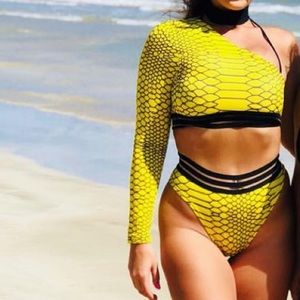 yellow snakeskin one shoulder swimsuit